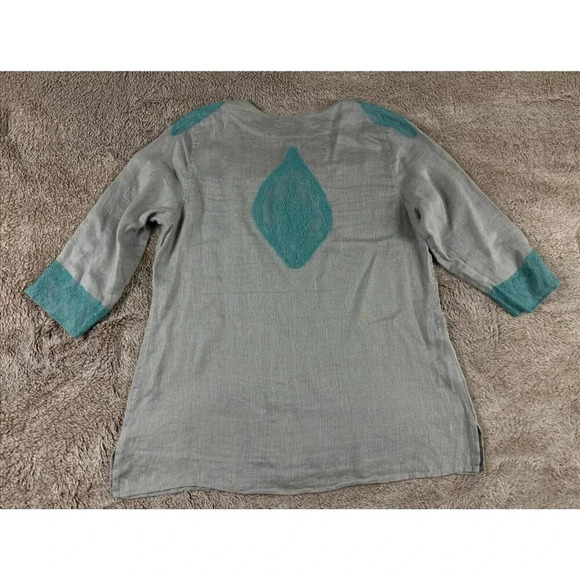 Soft Surroundings Linen Tunic Top Size L Gray Aqua Lace Boho 3/4 Sleeves - Picture 11 of 16